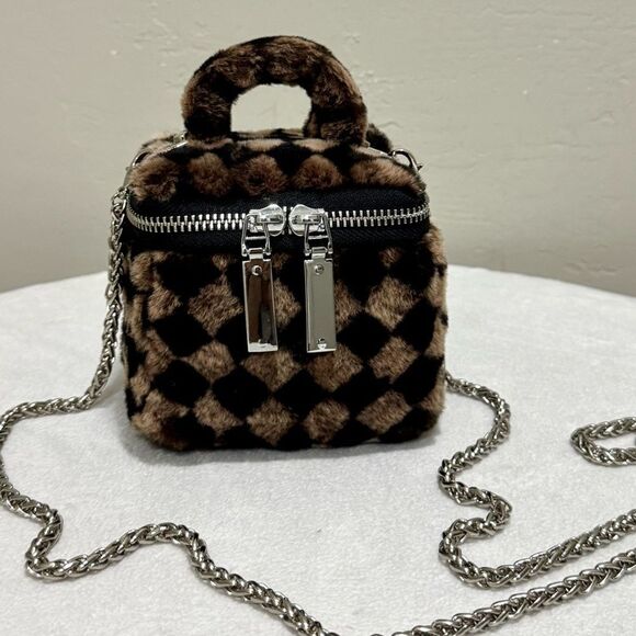 Checkerboard Real Shearling Leather Handmade Boxy Bag Set/Lamb Fur Crossbody Bag - Picture 13 of 16